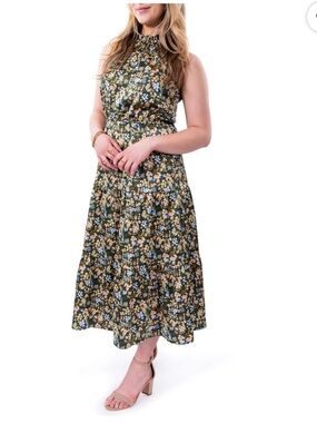 NINE.EIGHT Floral High-Neck Midi Dress in Olive Green Size L NWT